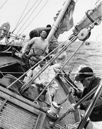Windigo Yacht Photos Pics Sailors navigating a 1956 Hinckley S & S Yawl on open waters.