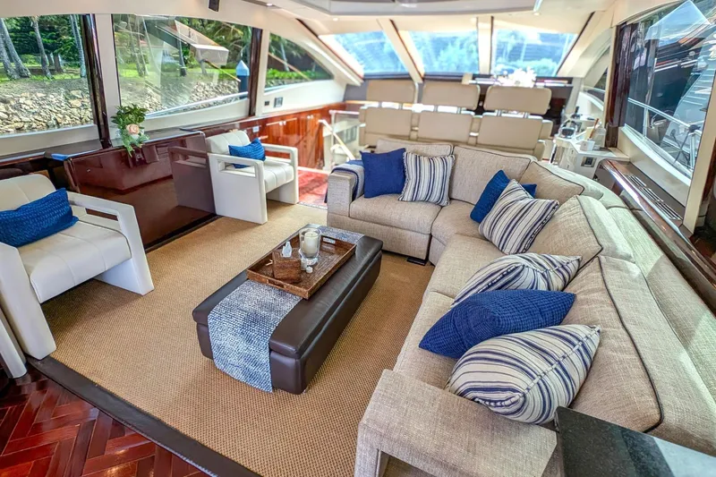 La Mar Yacht Photos Pics Luxurious interior of 2012 Lazzara LSX 78 yacht with elegant seating and decor.