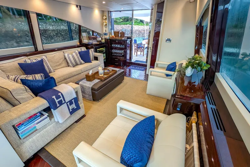 La Mar Yacht Photos Pics Luxurious interior of 2012 Lazzara LSX 78 yacht with elegant seating and decor.