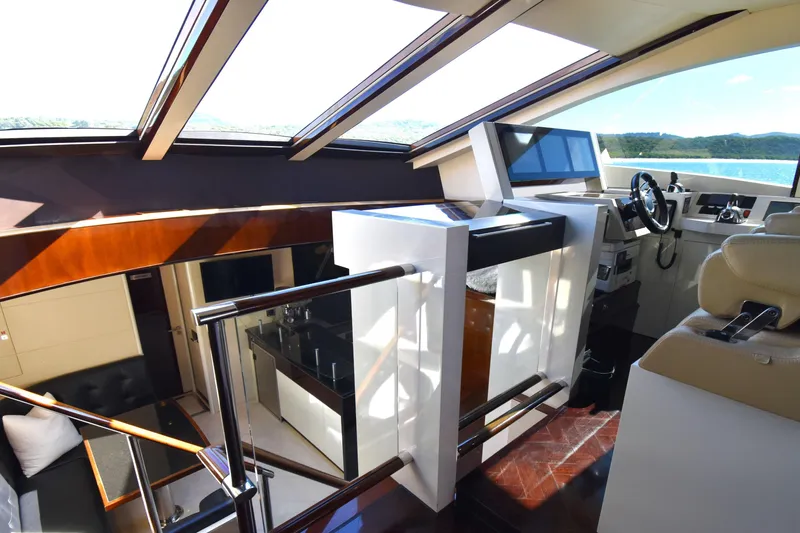 La Mar Yacht Photos Pics Interior of 2012 Lazzara LSX 78 yacht with modern helm and luxurious seating.