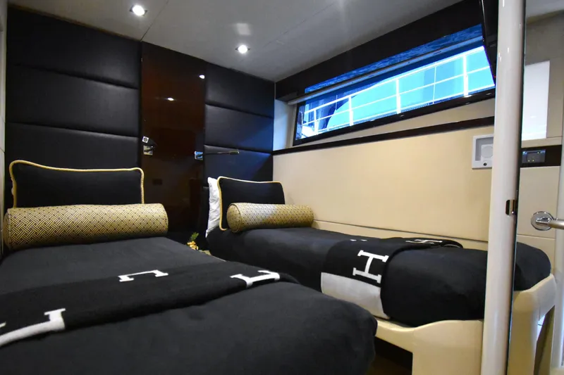 La Mar Yacht Photos Pics Luxurious twin cabin interior of 2012 Lazzara LSX 78 yacht with modern design.