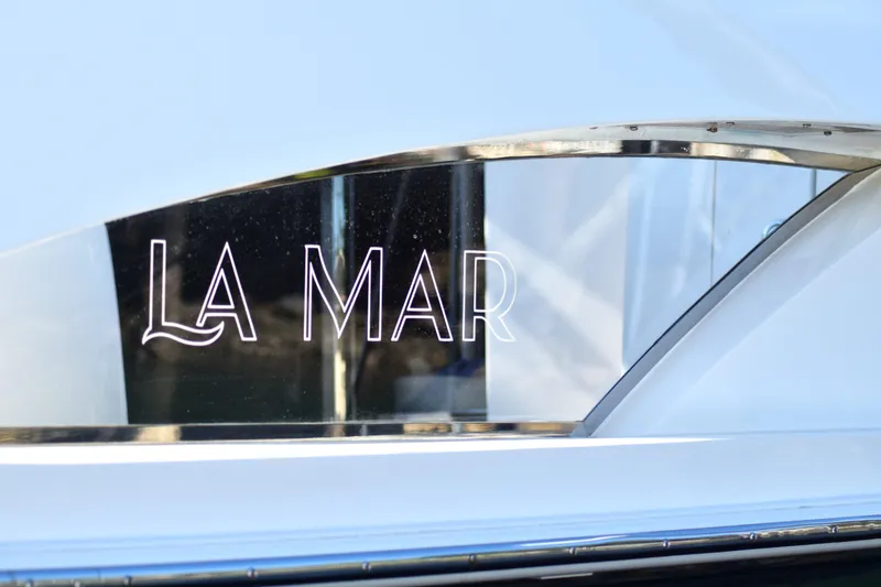 La Mar Yacht Photos Pics Close-up of "La Mar" nameplate on 2012 Lazzara LSX 78 yacht.