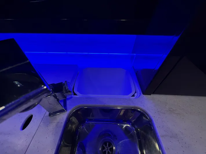  Yacht Photos Pics 2017 Formula 370 FX interior sink with modern blue LED lighting.