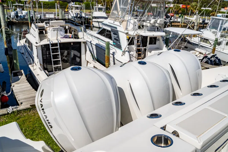 Miss Morgan III Yacht Photos Pics Boats docked with Yamaha engines, featuring a 2021 Pursuit 365DC model.