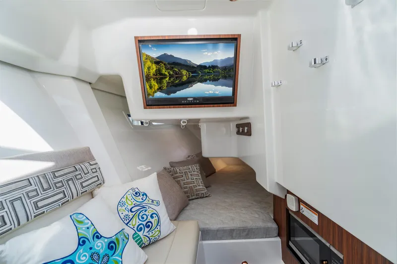 Miss Morgan III Yacht Photos Pics 2021 Pursuit 365DC cabin interior with cozy seating, decorative pillows, and wall art.