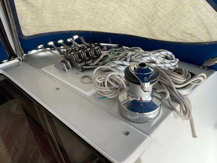 Moonshadow Yacht Photos Pics Sailing equipment on a 1998 Catalina 42 MkII, featuring winch and ropes.