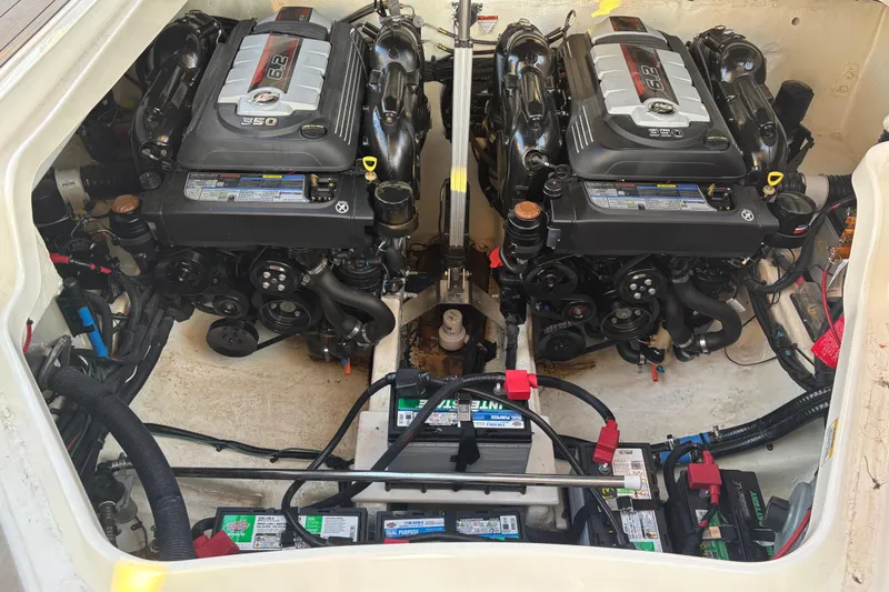  Yacht Photos Pics 2022 Searay SLX350 engine compartment with dual engines and battery setup.