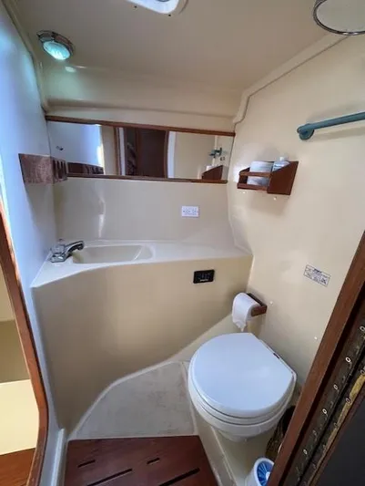 Thunderbolt Yacht Photos Pics 1988 Riviera Convertible bathroom with compact design, featuring toilet, sink, and storage shelves.