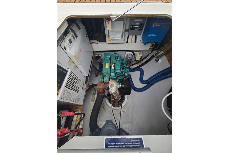 Sol Mates Yacht Photos Pics Engine compartment of 2018 Fountaine Pajot SABA 50 catamaran, showcasing mechanical components.