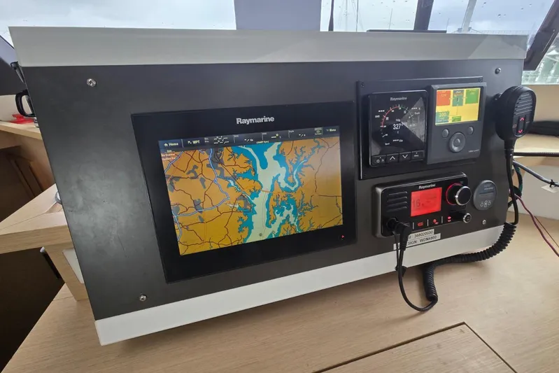 Sol Mates Yacht Photos Pics Navigation system on 2018 Fountaine Pajot SABA 50 catamaran, featuring Raymarine electronics.