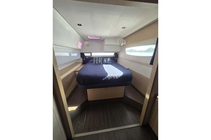 Sol Mates Yacht Photos Pics Luxurious cabin interior of 2018 Fountaine Pajot SABA 50 yacht with cozy bed.