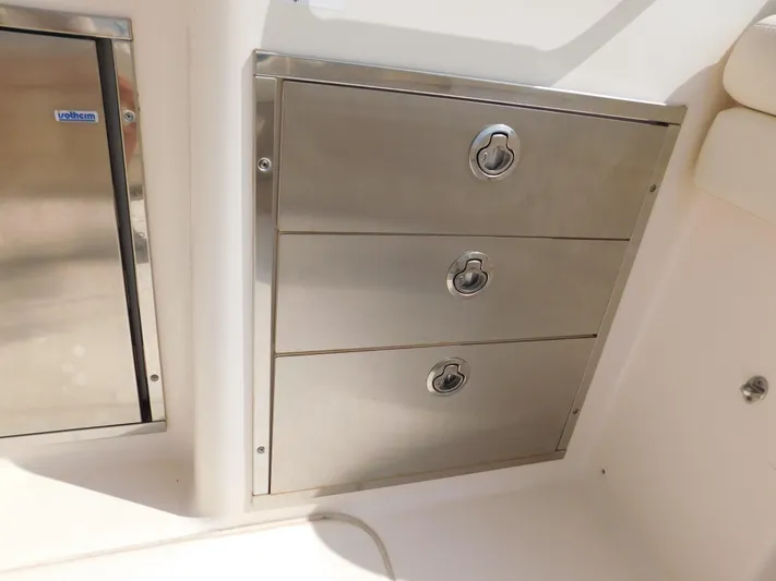 Here & Now Yacht Photos Pics Stainless steel storage drawers on 2018 Grady-White Freedom 375 boat.
