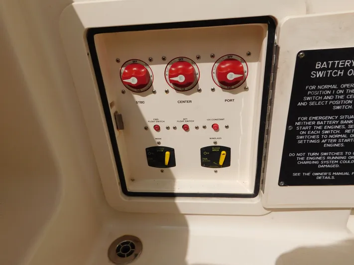 Here & Now Yacht Photos Pics Control panel of a 2018 Grady-White Freedom 375 boat with battery switches.
