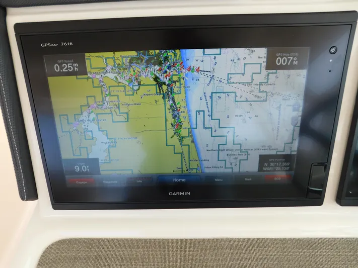 Here & Now Yacht Photos Pics Garmin GPS display on 2018 Grady-White Freedom 375 boat, showing navigational map.