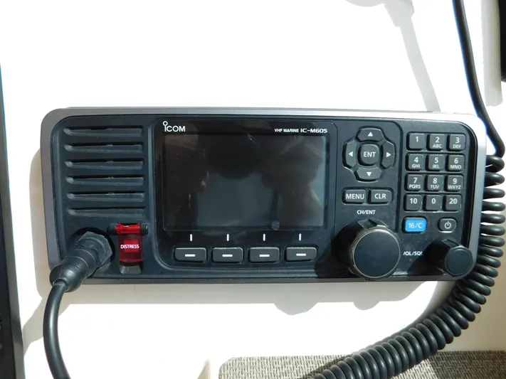 Here & Now Yacht Photos Pics VHF marine radio on 2018 Grady-White Freedom 375 boat dashboard.