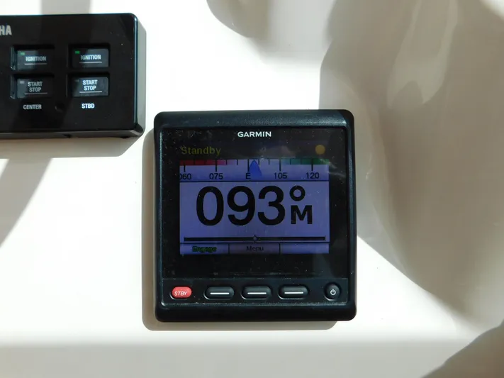 Here & Now Yacht Photos Pics Garmin marine display on 2018 Grady-White Freedom 375 boat dashboard.