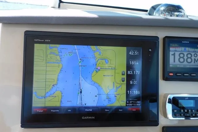  Yacht Photos Pics Garmin GPS display on 2016 Pursuit DC 325 Dual Console boat dashboard.