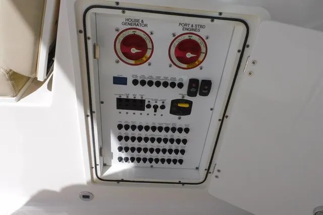  Yacht Photos Pics Electrical control panel on a 2016 Pursuit DC 325 Dual Console boat.