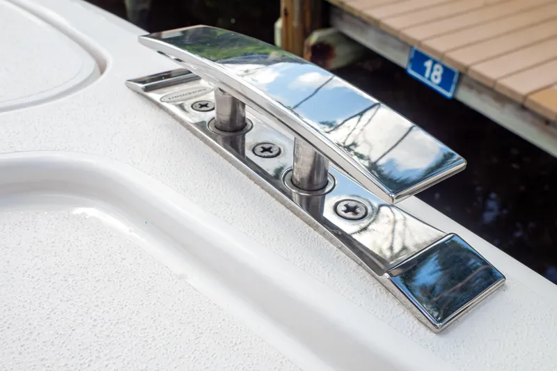  Yacht Photos Pics Chrome cleat on 2023 Intrepid 345 Valor boat deck, docked near slip 18.