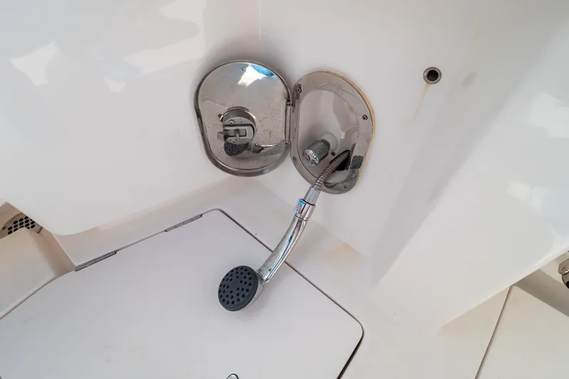  Yacht Photos Pics 2023 Intrepid 345 Valor boat showerhead and compartment detail.