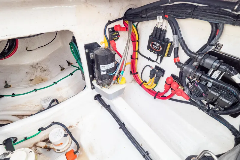 Yacht Photos Pics Electrical wiring and components inside a 2023 Intrepid 345 Valor boat.