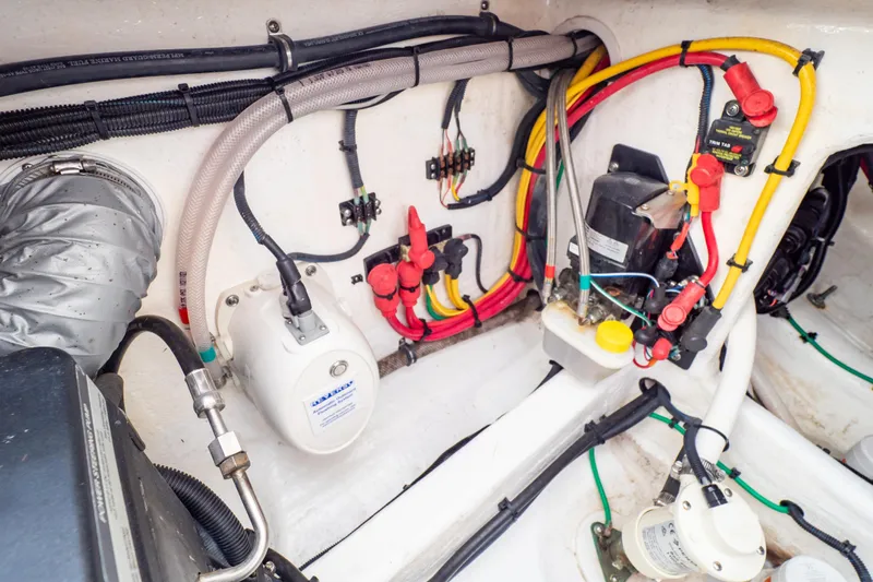  Yacht Photos Pics Electrical wiring and components inside a 2023 Intrepid 345 Valor boat.