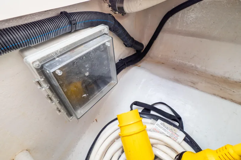  Yacht Photos Pics 2023 Intrepid 345 Valor boat wiring and electrical components with yellow cable.