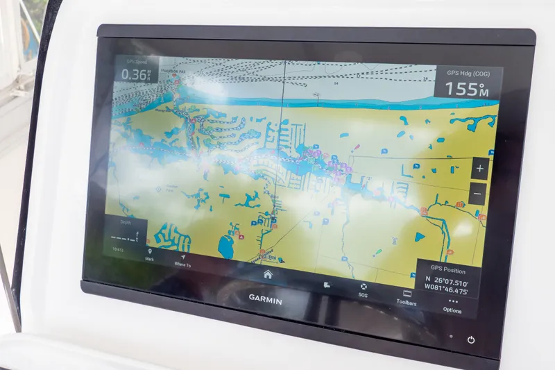  Yacht Photos Pics Garmin navigation display on 2023 Intrepid 345 Valor boat, showing detailed marine map.