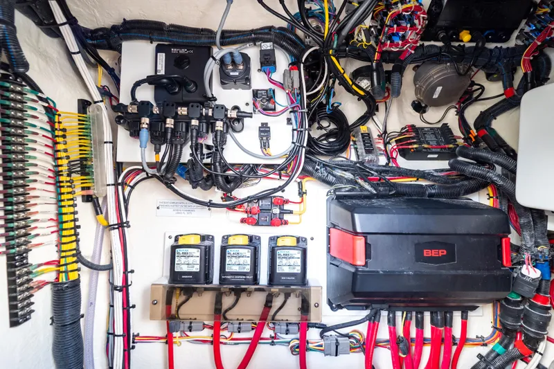 Yacht Photos Pics Electrical system of 2023 Intrepid 345 Valor boat, showcasing wiring and components.
