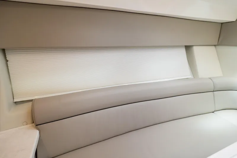  Yacht Photos Pics Interior of 2023 Intrepid 345 Valor boat with sleek, modern seating design.