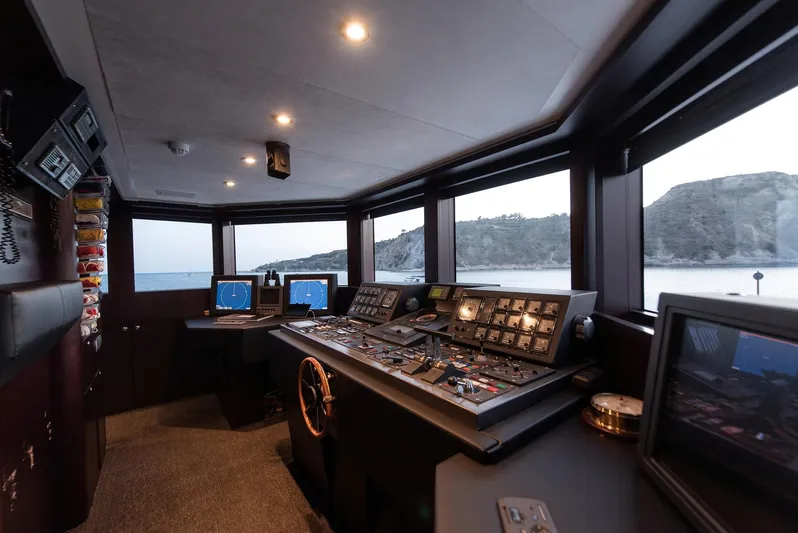 Koru Yacht Photos Pics Interior of 1983 Feadship Custom yacht's control room with navigation equipment.