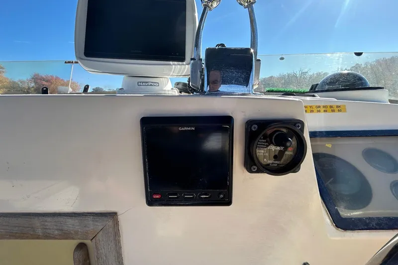 Radius Yacht Photos Pics Control panel of a 1986 Grand Banks 42 Classic boat with Garmin navigation system.