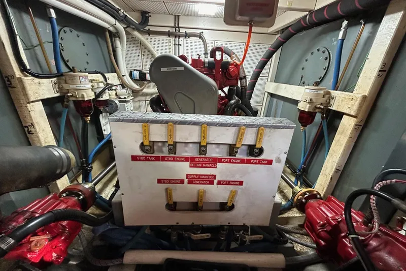 Radius Yacht Photos Pics Engine room of 1986 Grand Banks 42 Classic with fuel manifold and piping system.
