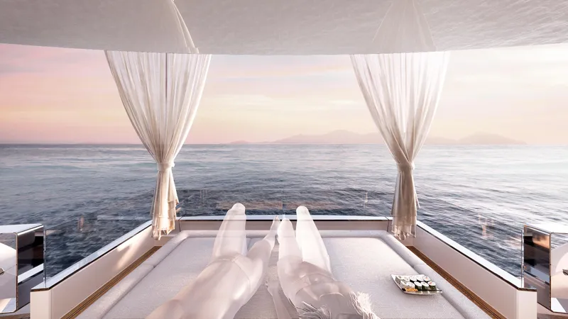 L88 Yacht Photos Pics Luxury yacht deck view at sunset, Ladenstein L88 Co-Ownership 2026 model.