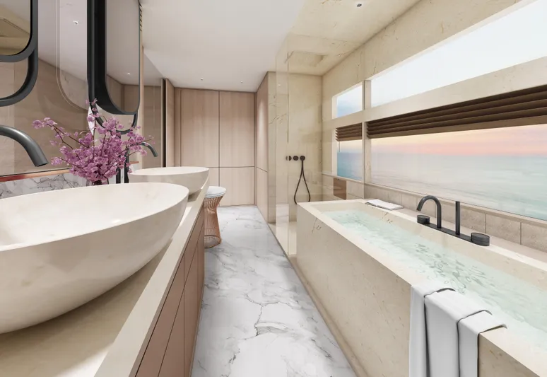 L88 Yacht Photos Pics Luxurious bathroom in 2026 Ladenstein L88 Co-Ownership yacht, featuring elegant fixtures and ocean views.