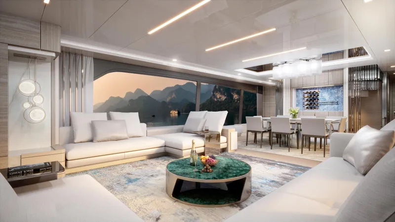 L88 Yacht Photos Pics Luxurious interior of 2026 Ladenstein L88 Co-Ownership yacht with elegant seating and scenic view.