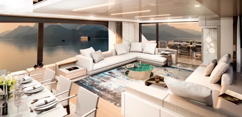 L88 Yacht Photos Pics Luxurious interior of 2026 Ladenstein L88 Co-Ownership yacht with panoramic views and elegant furnishings.