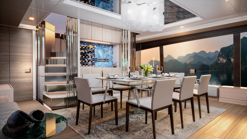 L88 Yacht Photos Pics Luxurious dining area in 2026 Ladenstein L88 Co-Ownership yacht with elegant decor and scenic views.