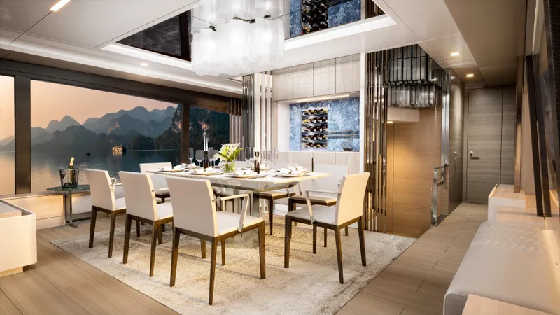 L88 Yacht Photos Pics Luxurious dining area on 2026 Ladenstein L88 Co-Ownership yacht with elegant decor and scenic views.