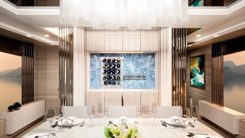 L88 Yacht Photos Pics Luxurious dining area on 2026 Ladenstein L88 Co-Ownership yacht, featuring elegant decor and scenic views.