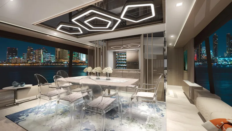 L88 Yacht Photos Pics Luxurious interior of 2026 Ladenstein L88 Co-Ownership yacht with modern dining area and city view.