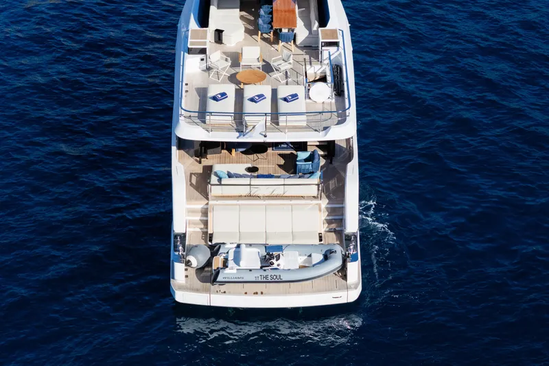  Yacht Photos Pics Aerial view of 2025 Ferretti Yachts INFYNITO 80 luxury yacht on open sea.