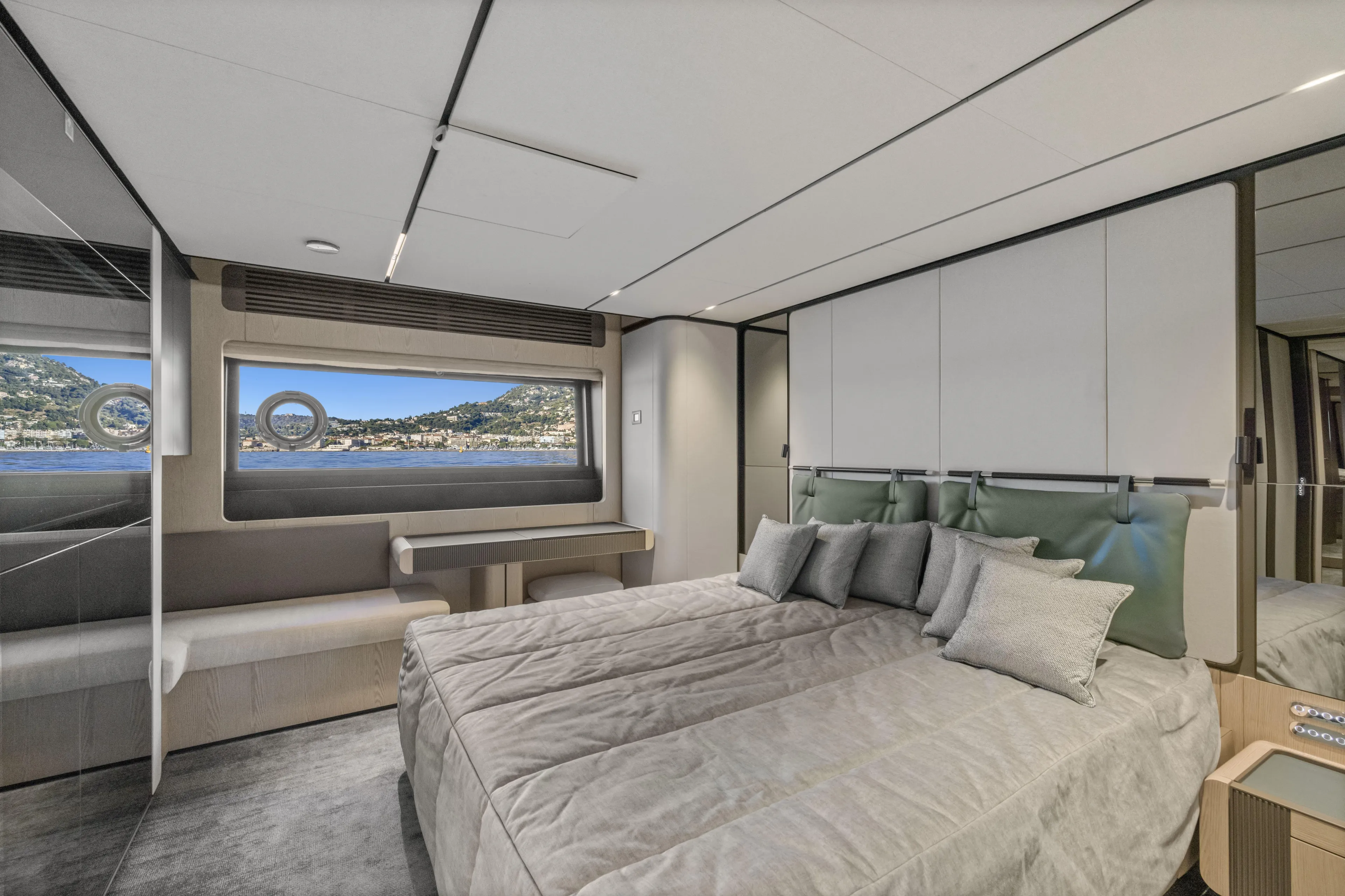  Yacht Photos Pics Luxurious bedroom interior of 2025 Ferretti Yachts INFYNITO 80 with scenic ocean view.