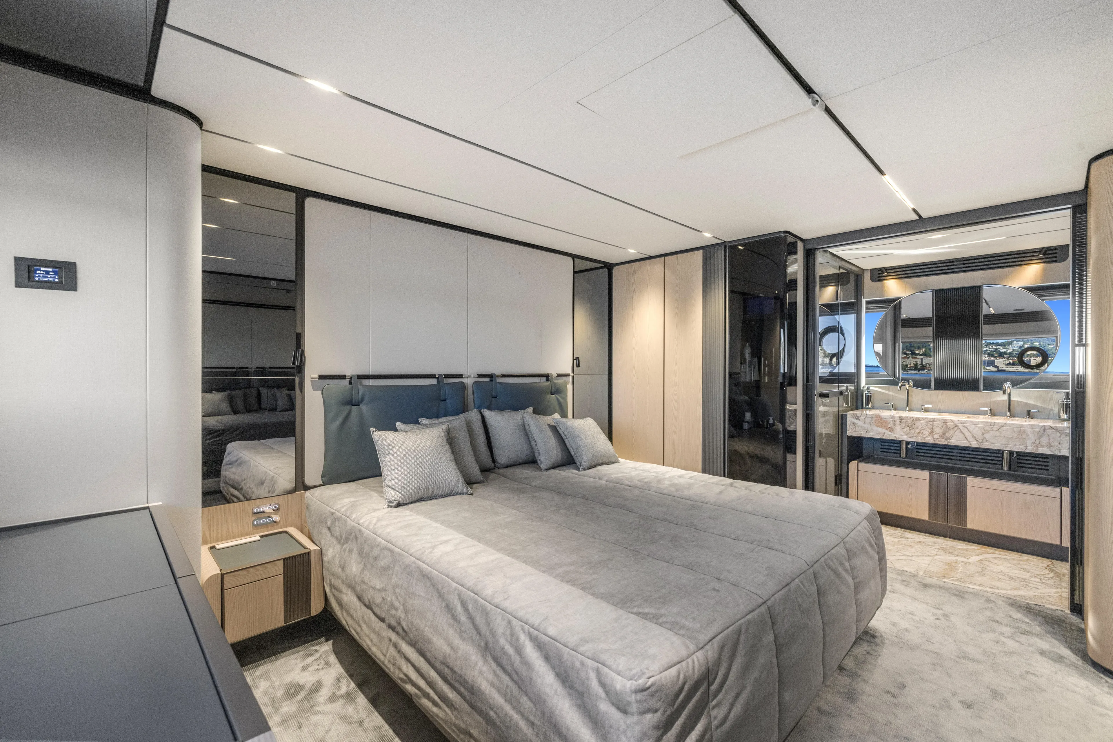  Yacht Photos Pics Luxurious bedroom interior of 2025 Ferretti Yachts INFYNITO 80 with modern design and elegant furnishings.