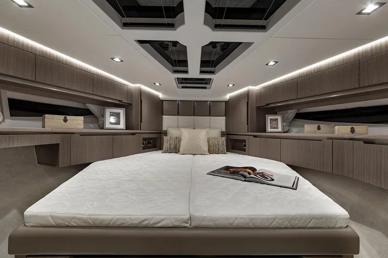 Dream Yacht Photos Pics Manufacturer Provided Image: Luxurious bedroom interior of 2019 Galeon 470 Sky yacht with modern design.