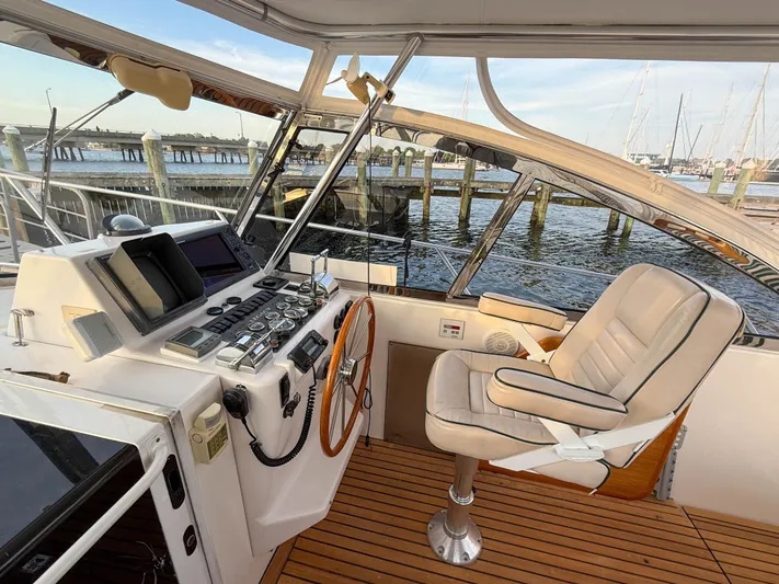 Waypoint Yacht Photos Pics Helm of 2002 Legacy 34 Express boat with modern controls and waterfront view.