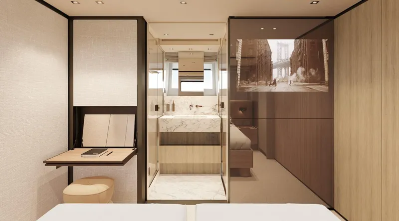  Yacht Photos Pics Luxurious interior of 2025 Sanlorenzo SD90 yacht, featuring modern design and elegant furnishings.