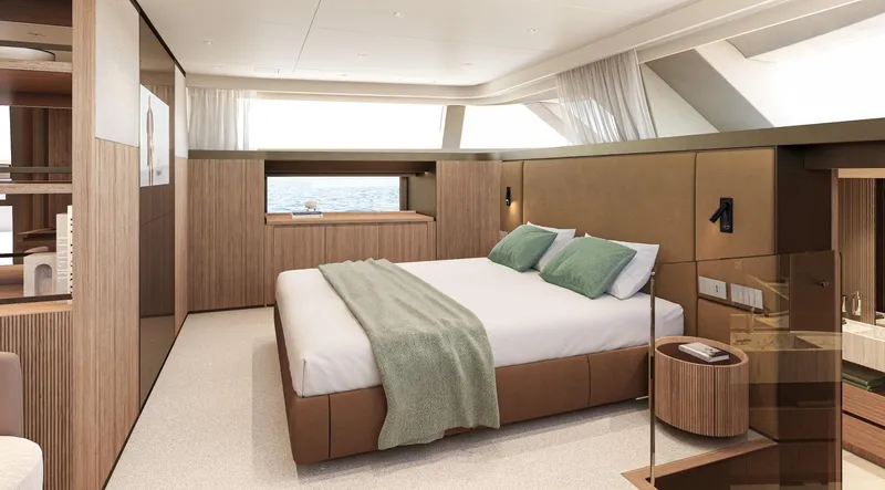  Yacht Photos Pics Luxurious Sanlorenzo SD90 2025 yacht bedroom with modern design and ocean view.