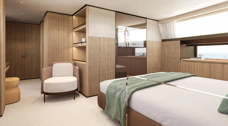  Yacht Photos Pics Luxurious 2025 Sanlorenzo SD90 yacht bedroom with modern wood paneling and elegant furnishings.