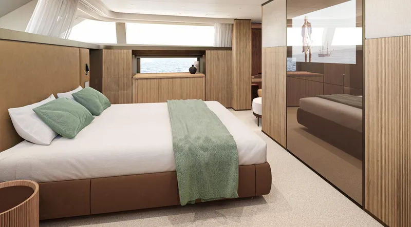  Yacht Photos Pics Luxurious bedroom interior of 2025 Sanlorenzo SD90 yacht with modern design and ocean view.